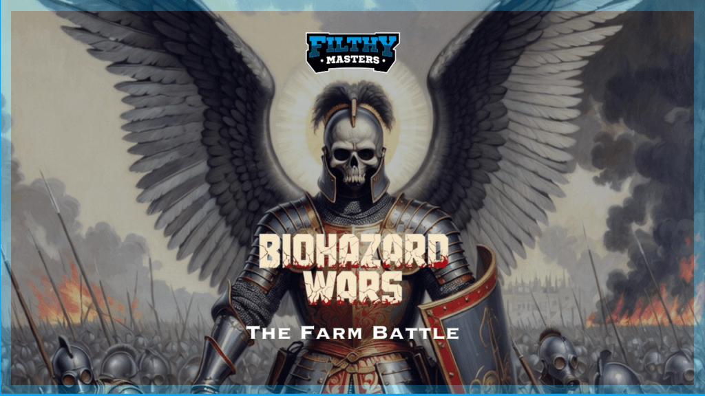 Biohazard Wars: The Farm Battle by Filthy Masters, featuring a winged armored warrior representing rural biohazard cleanup, decontamination, and property restoration..