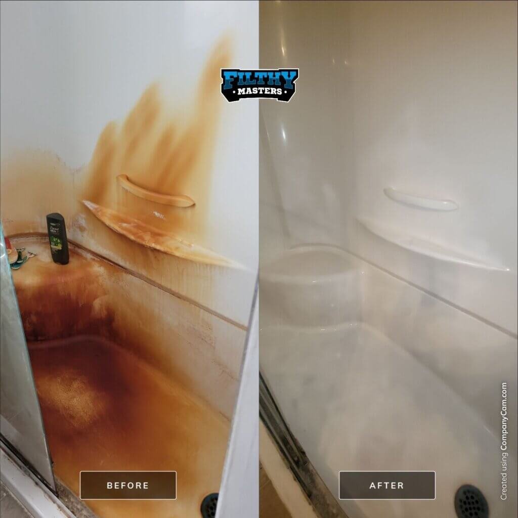 Before: Heavily rust-stained fiberglass shower before restoration in Wheatland county After: Fiberglass shower fully restored after professional shower cleaning in Wheatland County