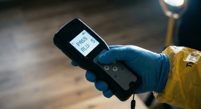 Close-up of an ATP (Adenosine Triphosphate) luminometer held by a blue nitrile glove wearing a Filthy Masters technician in a yellow Tychem hazmat suit, clearly displaying a green 'PASS' result and a score of 'RLU: 5'.