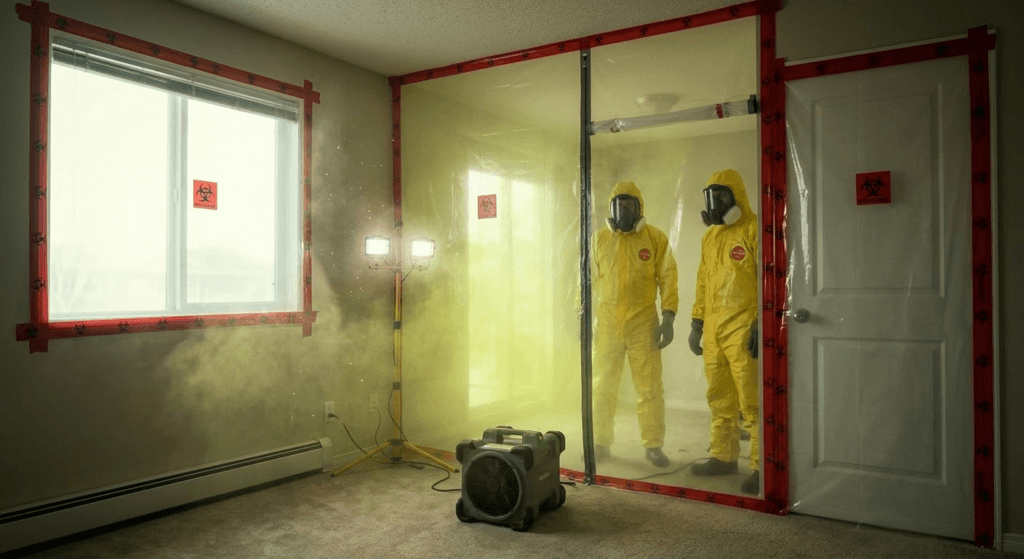 A wide-angle interior photograph of a standard residential room in Calgary completely sealed as a 'Hot Zone'. The contained area is hazed by a safe, slightly glowing yellow-green ClO2 (Chlorine Dioxide) gas cloud for molecular odor eradication.