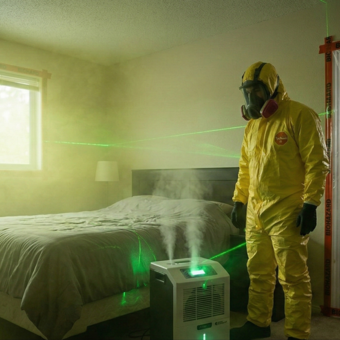 A cinematic photograph capturing the application of industrial-grade Chlorine Dioxide ClO2 gas within a sealed domestic property. The interior of the room is hazed by a safe, slightly glowing yellow-green gas cloud generated by a specialized aeration machine on the floor. Heavy plastic containment sheeting is taped securely over windows and doorways. Through a small window in the containment, a Filthy Masters technician in full Tychem suit and respirator observes the process. The image has a mysterious, advanced scientific tone, emphasizing molecular-level saturation and effective odor elimination. The ambient light is low, contrasting with the active gas treatment.