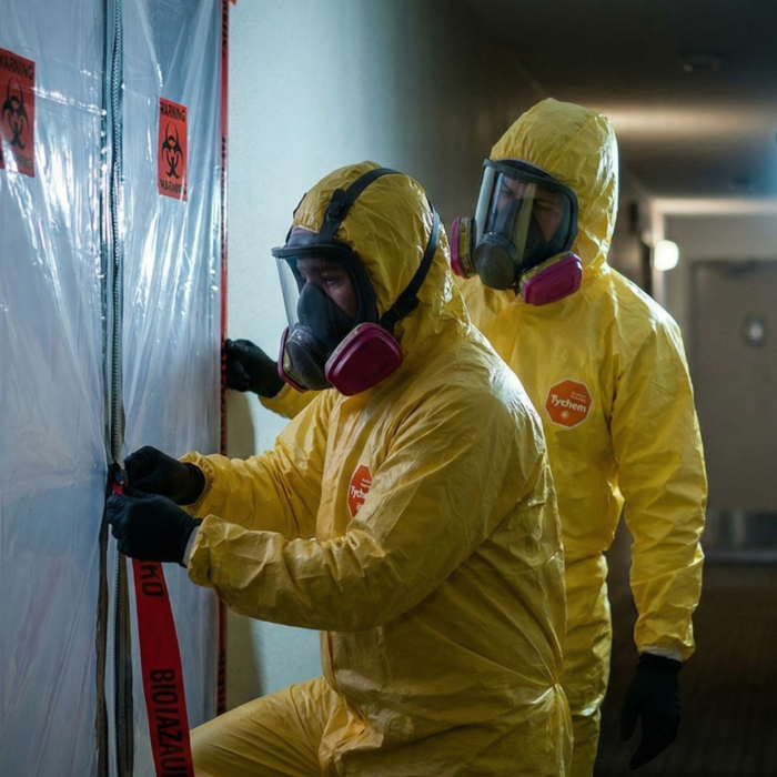 A cinematic, somber photograph of two Filthy Masters technicians in yellow Tychem suits and full-face P100 respirators. They are diligently establishing a 'Hot Zone' containment barrier within a dimly lit Calgary apartment. One technician is meticulously sealing a doorway with heavy, transparent plastic sheeting and a specialized zipper system. Red biological hazard warning stickers are already affixed to the perimeter. A high-intensity LED work light casts dramatic shadows, emphasizing clinical focus and safety protocols. The mood is respectful and expert
