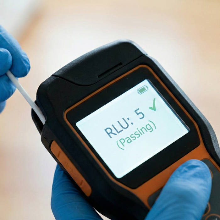 A tight, close-up photograph focusing on an ATP luminometer held firmly by a technician wearing a blue nitrile glove. The technician's fingers are also holding an ATP test swab that has just been used to sample a cleaned hardwood floor surface. The screen of the luminometer is brightly backlit, displaying a clear green checkmark and the digits '5 RLU' (Passing). The background is a gently blurred, sanitized domestic room, suggesting completion of the remediation process. The lighting is clean and bright, emphasizing accuracy and verification.
