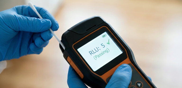A tight, close-up photograph focusing on an ATP luminometer held firmly by a technician wearing a blue nitrile glove. The technician's fingers are also holding an ATP test swab that has just been used to sample a cleaned hardwood floor surface. The screen of the luminometer is brightly backlit, displaying a clear green checkmark and the digits '5 RLU' (Passing). The background is a gently blurred, sanitized domestic room, suggesting completion of the remediation process. The lighting is clean and bright, emphasizing accuracy and verification.