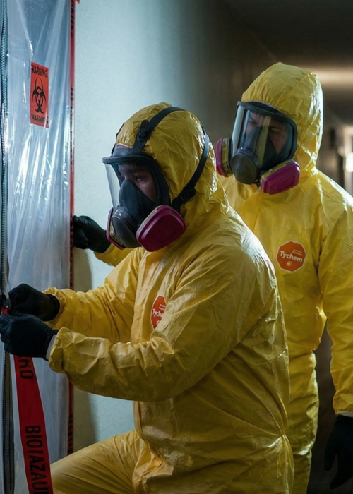 A cinematic, somber photograph of two Filthy Masters technicians in yellow Tychem suits and full-face P100 respirators. They are diligently establishing a 'Hot Zone' containment barrier within a dimly lit Calgary apartment. One technician is meticulously sealing a doorway with heavy, transparent plastic sheeting and a specialized zipper system. Red biological hazard warning stickers are already affixed to the perimeter. A high-intensity LED work light casts dramatic shadows, emphasizing clinical focus and safety protocols. The mood is respectful and expert